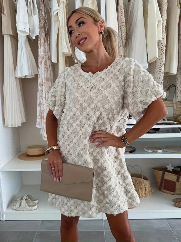 Φόρεμα μίντι γραμμής Α, V-λαιμό, φουσκωτά κοντά μανίκια, πολυεστέρας, Chanel στυλ πουλόβερ