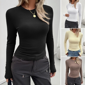 Ženski uski pleteni top s dugim rukavima, viskoza i elastan, jednobojni