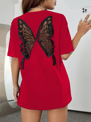 Ženski T-shirt s motivom leptira, kukičana čipka, kratki rukavi, okrugli izrez, slobodan kroj