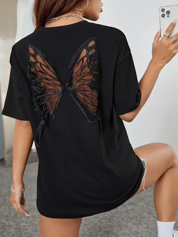 Ženski T-shirt s motivom leptira, kukičana čipka, kratki rukavi, okrugli izrez, slobodan kroj