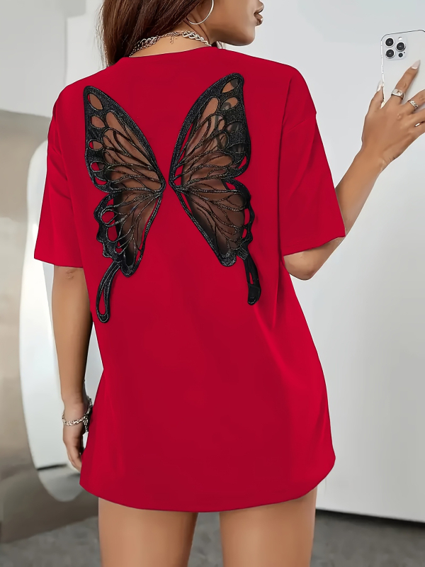 Ženski T-shirt s motivom leptira, kukičana čipka, kratki rukavi, okrugli izrez, slobodan kroj