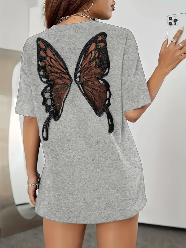 Ženski T-shirt s motivom leptira, kukičana čipka, kratki rukavi, okrugli izrez, slobodan kroj