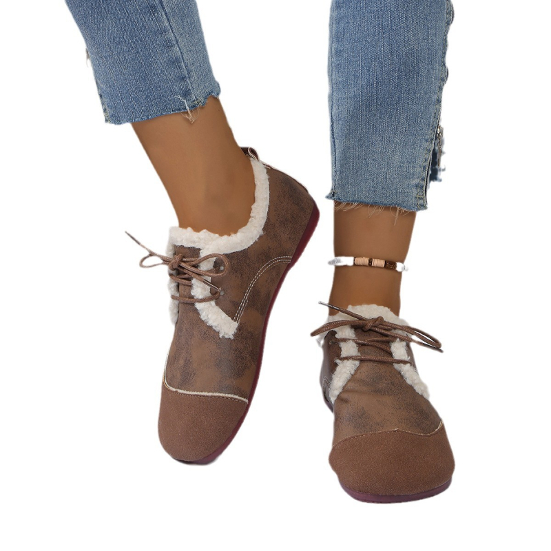 Ženske vintage pamučne cipele s flecom, vezanje, okrugli vrh, gumena potplata, niski gležanj, zima 2024