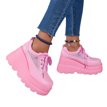 Ženske platforme s klinom — korejski stil, okrugli vrh, PU gornji dio, gumasta podloga, visina potpetice 6–8 cm