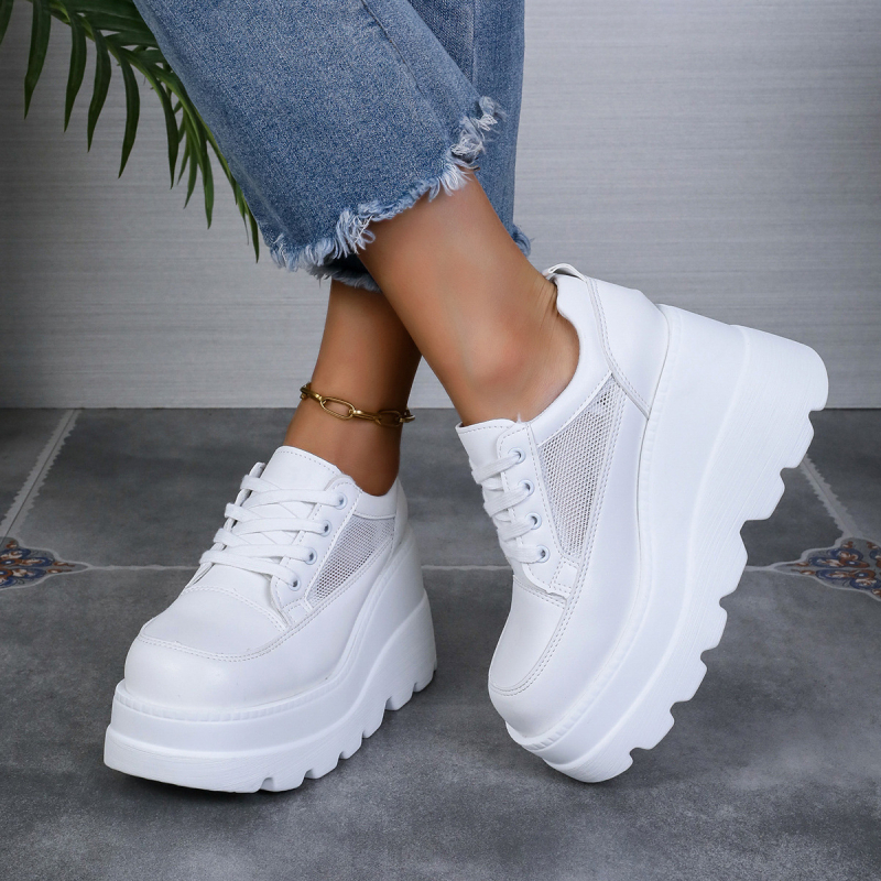 Ženske platforme s klinom — korejski stil, okrugli vrh, PU gornji dio, gumasta podloga, visina potpetice 6–8 cm