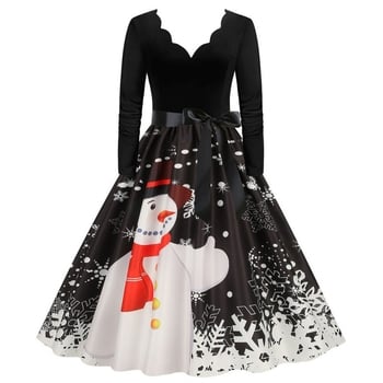 Haljina od konoplje s V-izrezom, dugi rukavi, panelni kroj sa zatvaračem i tiskom, širok swing silueta, jesen 2023