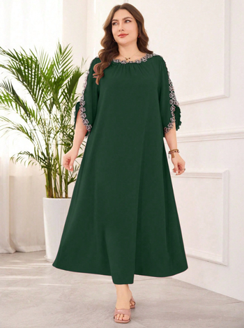 Ruha - 2025 Nyár Patchwork Etno Stílus, Hosszú Ruha Batwing Ujjakkal, Poliészter