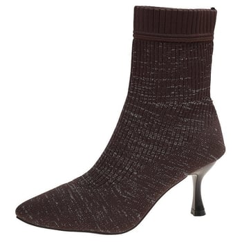 Női zokniszárú bokacsizmák hegyes orrú, vékony sarok, sarkak magassága 6–8 cm, alacsony szár, textile felsőrész