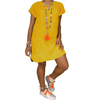 Rochie cu decolteu în V, mânecă scurtă, lantern fustă, Shirring, Țesătură din cânepă