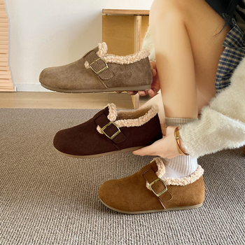 Naiste talvised Slip-On tossud PU ülaosaga, fleece sisemus, ümmargune varvas, madal kõrgus, injekteeritud tald