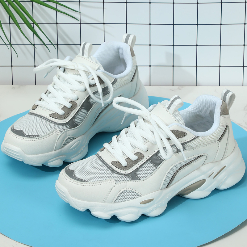 Pantofi sport unisex cu talpă groasă pentru creștere înălțimii, upper din PU+ plasă respirabilă, șireturi, talpă EVA