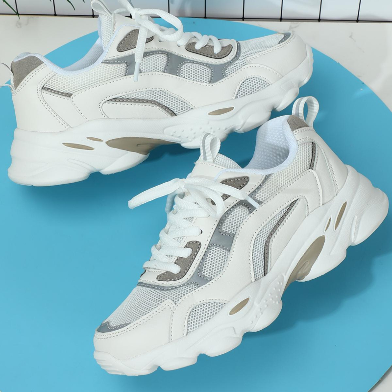 Pantofi sport unisex cu talpă groasă pentru creștere înălțimii, upper din PU+ plasă respirabilă, șireturi, talpă EVA