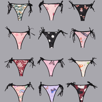 Plus-size tangové nohavičky s mašličkou a remienkami v štýle T, nízky pás, materiál milksilk (polyester 95–100%), intímna výstelka s elastanom, priedušné a antibakteriálne, náhodné potlače, balené po 10 kusov