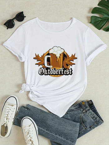 Ženski pamučni T‑shirt s grafičkim printom, zaobljeni izrez, kratki rukavi, 95% pamuk, proljeće 2025