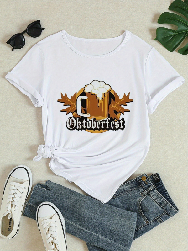 Ženski pamučni T‑shirt s grafičkim printom, zaobljeni izrez, kratki rukavi, 95% pamuk, proljeće 2025
