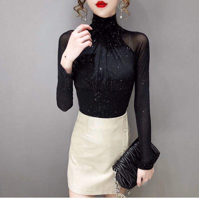 Top od mrežaste čipke, labav kroj, dugi rukavi, pulover, gradsko-poslovni stil — Zima 2024