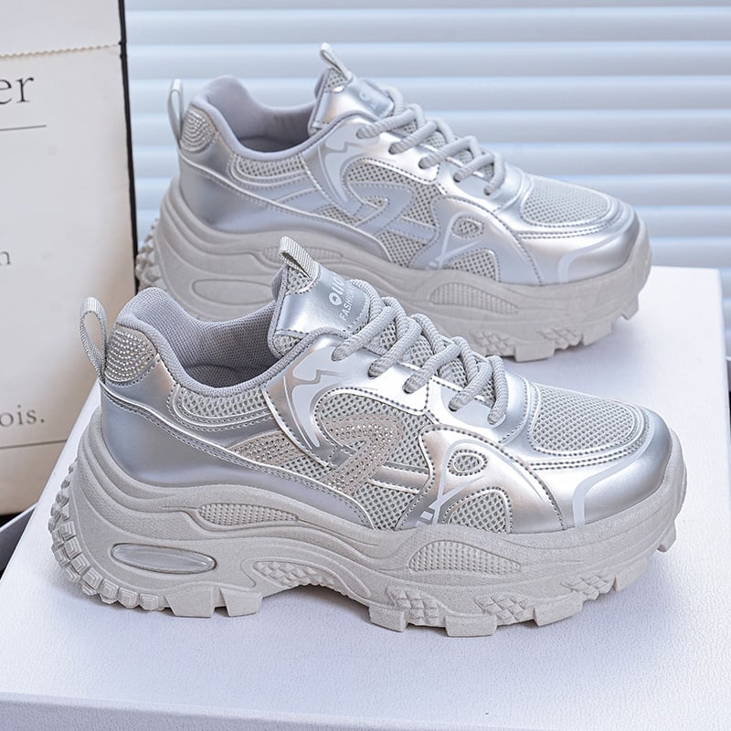 Adidași pentru femei Dad Shoes – Stil coreean, Parte superioară din plasă respirabilă, Pantofi sport cu șireturi, Toc mediu 3–5 cm, branț EVA, talpă PVC