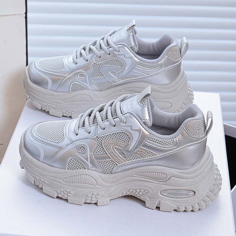 Adidași pentru femei Dad Shoes – Stil coreean, Parte superioară din plasă respirabilă, Pantofi sport cu șireturi, Toc mediu 3–5 cm, branț EVA, talpă PVC