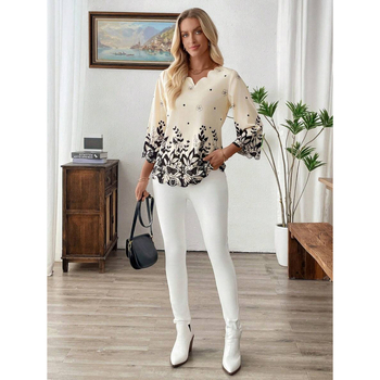 Moteriška palaidinė iš kanapių mišinio, 4 krypčių elastinė medžiaga, spalvų blokų raštas, platus kaklas, 3/4 rankovės, prigludusi kirpimo