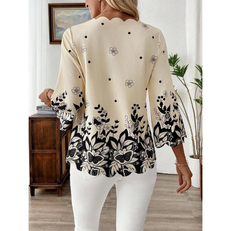 Moteriška palaidinė iš kanapių mišinio, 4 krypčių elastinė medžiaga, spalvų blokų raštas, platus kaklas, 3/4 rankovės, prigludusi kirpimo