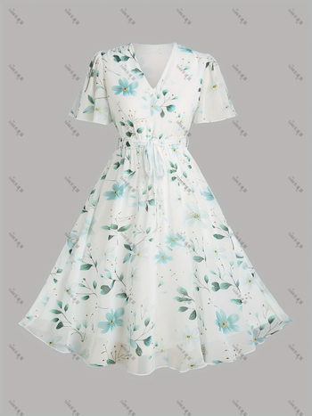 MIDI ruha virágos mintával, V-nyakú, A-vonalú, 3/4-ujjú, poliészter (virágos minta, V-nyak, A-vonalú, 3/4-ujj, poliészter)