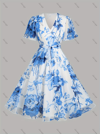 MIDI ruha virágos mintával, V-nyakú, A-vonalú, 3/4-ujjú, poliészter (virágos minta, V-nyak, A-vonalú, 3/4-ujj, poliészter)