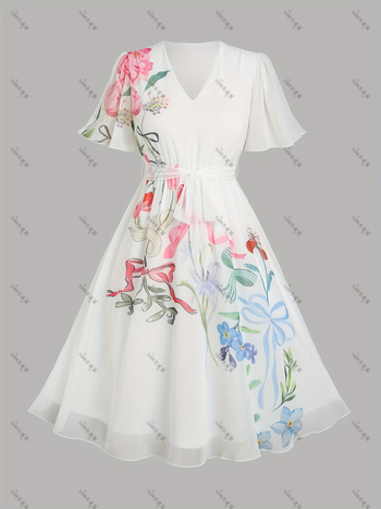 MIDI ruha virágos mintával, V-nyakú, A-vonalú, 3/4-ujjú, poliészter (virágos minta, V-nyak, A-vonalú, 3/4-ujj, poliészter)