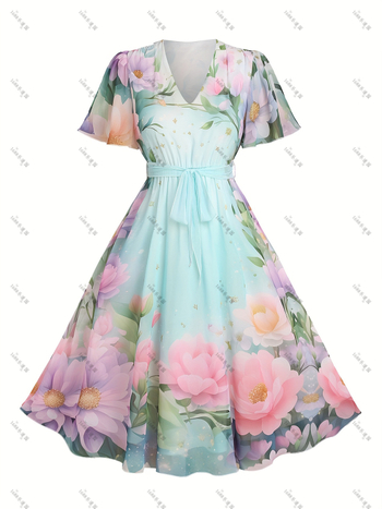 MIDI ruha virágos mintával, V-nyakú, A-vonalú, 3/4-ujjú, poliészter (virágos minta, V-nyak, A-vonalú, 3/4-ujj, poliészter)