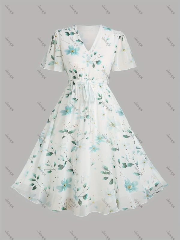 MIDI ruha virágos mintával, V-nyakú, A-vonalú, 3/4-ujjú, poliészter (virágos minta, V-nyak, A-vonalú, 3/4-ujj, poliészter)