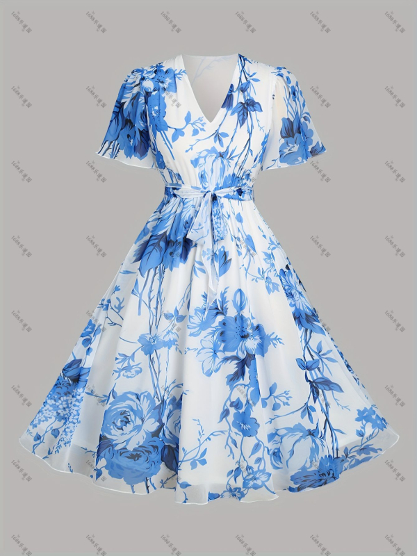 MIDI ruha virágos mintával, V-nyakú, A-vonalú, 3/4-ujjú, poliészter (virágos minta, V-nyak, A-vonalú, 3/4-ujj, poliészter)