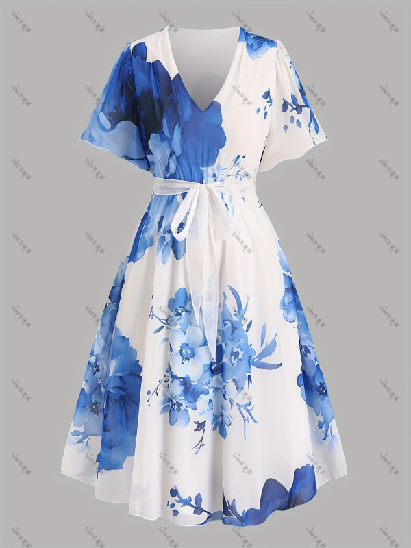 MIDI ruha virágos mintával, V-nyakú, A-vonalú, 3/4-ujjú, poliészter (virágos minta, V-nyak, A-vonalú, 3/4-ujj, poliészter)