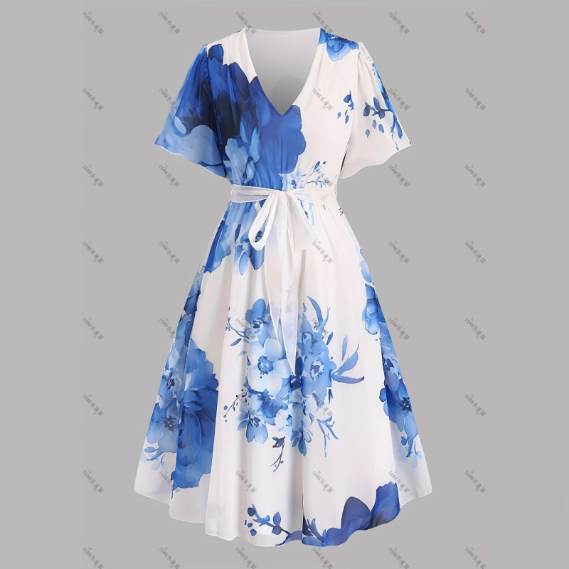 MIDI ruha virágos mintával, V-nyakú, A-vonalú, 3/4-ujjú, poliészter (virágos minta, V-nyak, A-vonalú, 3/4-ujj, poliészter)