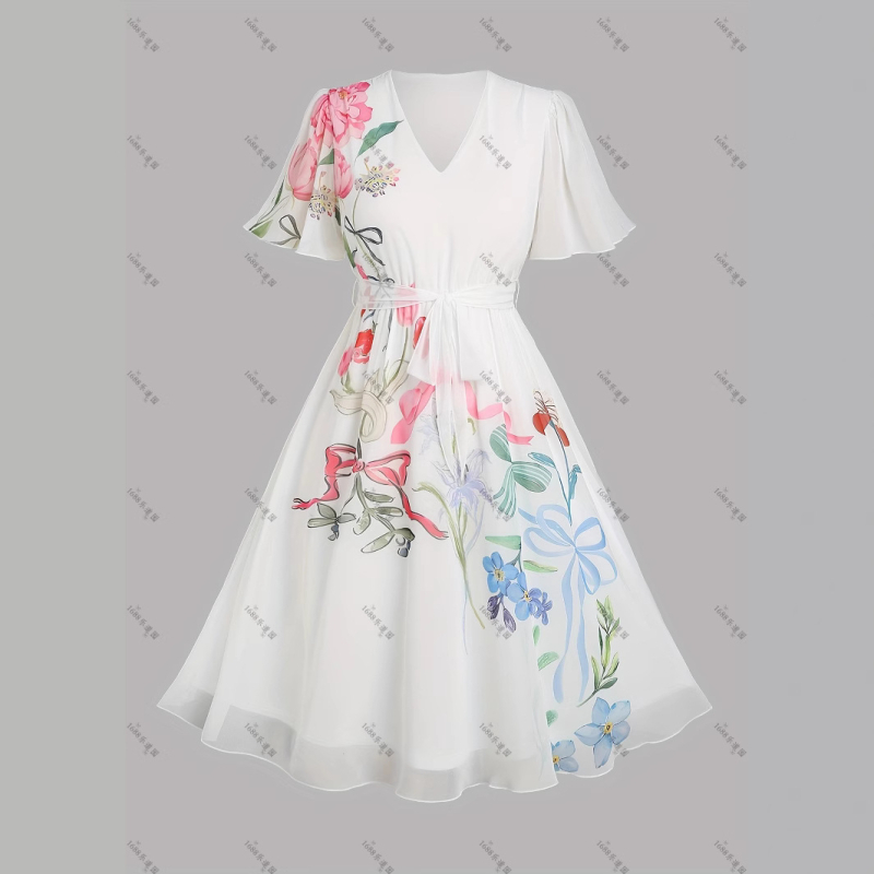 MIDI ruha virágos mintával, V-nyakú, A-vonalú, 3/4-ujjú, poliészter (virágos minta, V-nyak, A-vonalú, 3/4-ujj, poliészter)