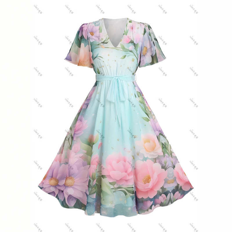 MIDI ruha virágos mintával, V-nyakú, A-vonalú, 3/4-ujjú, poliészter (virágos minta, V-nyak, A-vonalú, 3/4-ujj, poliészter)