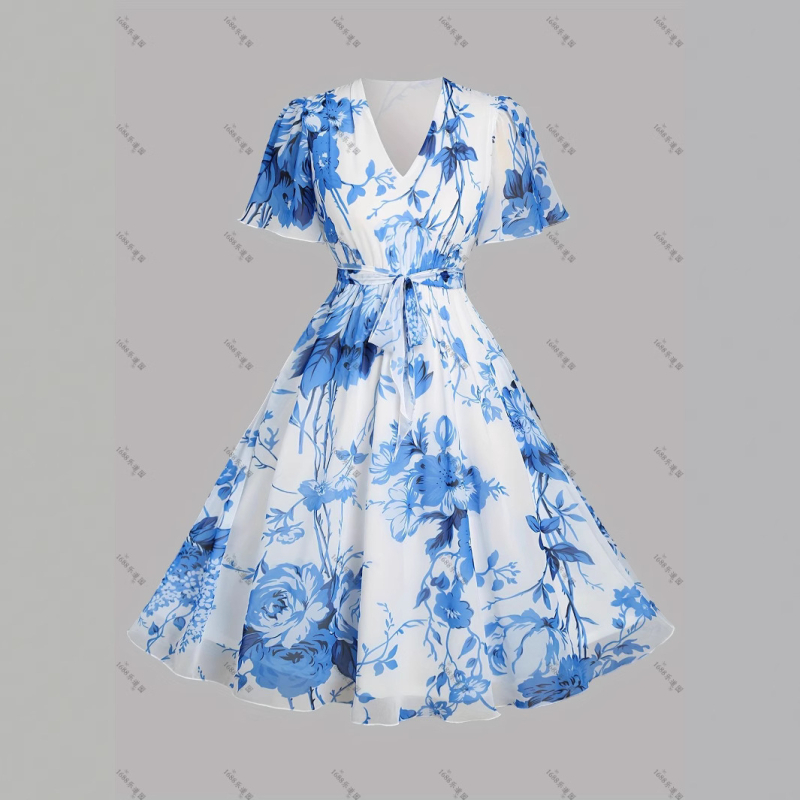 MIDI ruha virágos mintával, V-nyakú, A-vonalú, 3/4-ujjú, poliészter (virágos minta, V-nyak, A-vonalú, 3/4-ujj, poliészter)