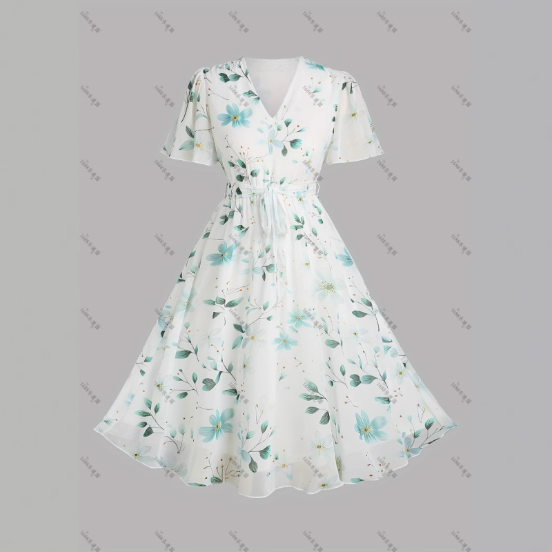 MIDI ruha virágos mintával, V-nyakú, A-vonalú, 3/4-ujjú, poliészter (virágos minta, V-nyak, A-vonalú, 3/4-ujj, poliészter)