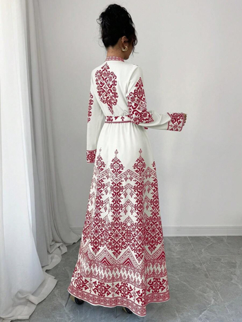 Rochie cu decolteu în V, imprimeu floral, mâneci lungi, croială A-line, poliester