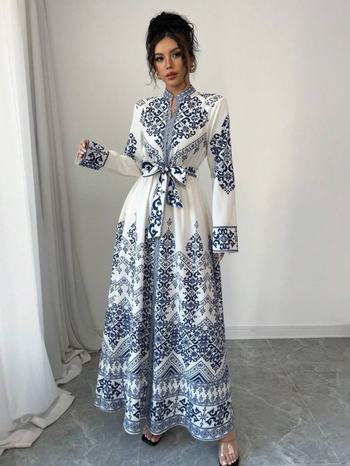 Rochie cu decolteu în V, imprimeu floral, mâneci lungi, croială A-line, poliester