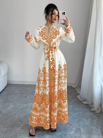 Rochie cu decolteu în V, imprimeu floral, mâneci lungi, croială A-line, poliester