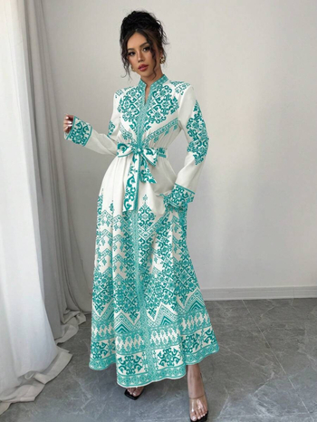 Rochie cu decolteu în V, imprimeu floral, mâneci lungi, croială A-line, poliester