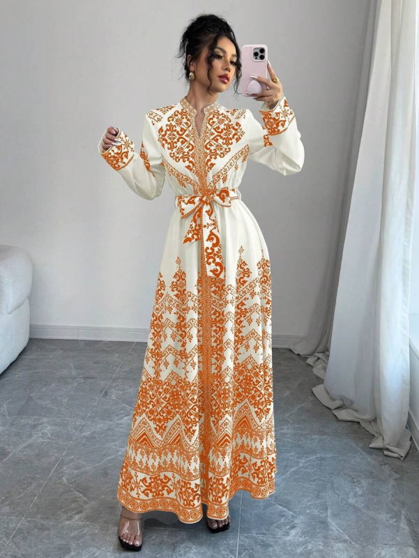 Rochie cu decolteu în V, imprimeu floral, mâneci lungi, croială A-line, poliester