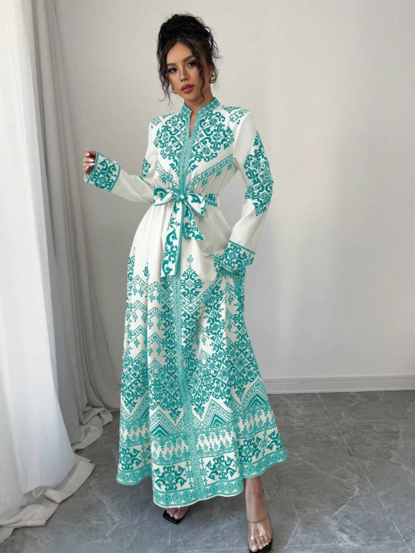 Rochie cu decolteu în V, imprimeu floral, mâneci lungi, croială A-line, poliester