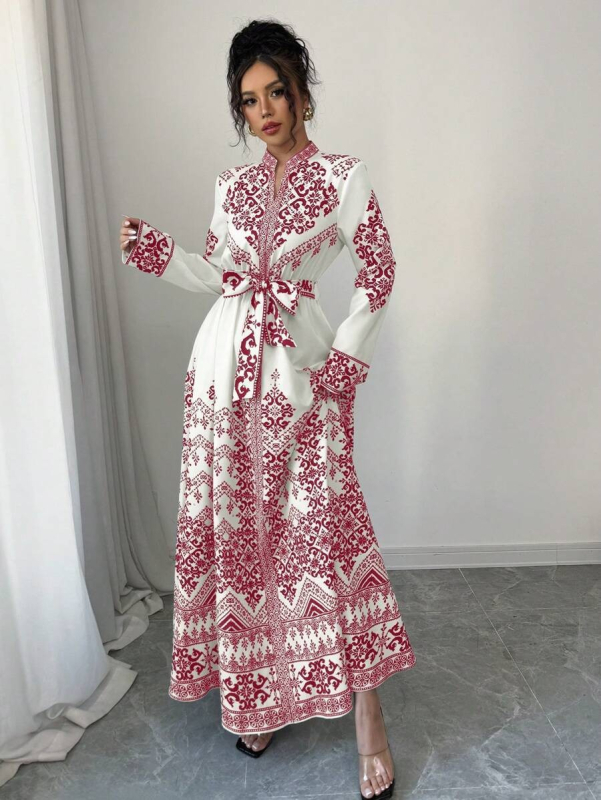 Rochie cu decolteu în V, imprimeu floral, mâneci lungi, croială A-line, poliester