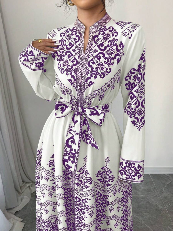 Rochie cu decolteu în V, imprimeu floral, mâneci lungi, croială A-line, poliester