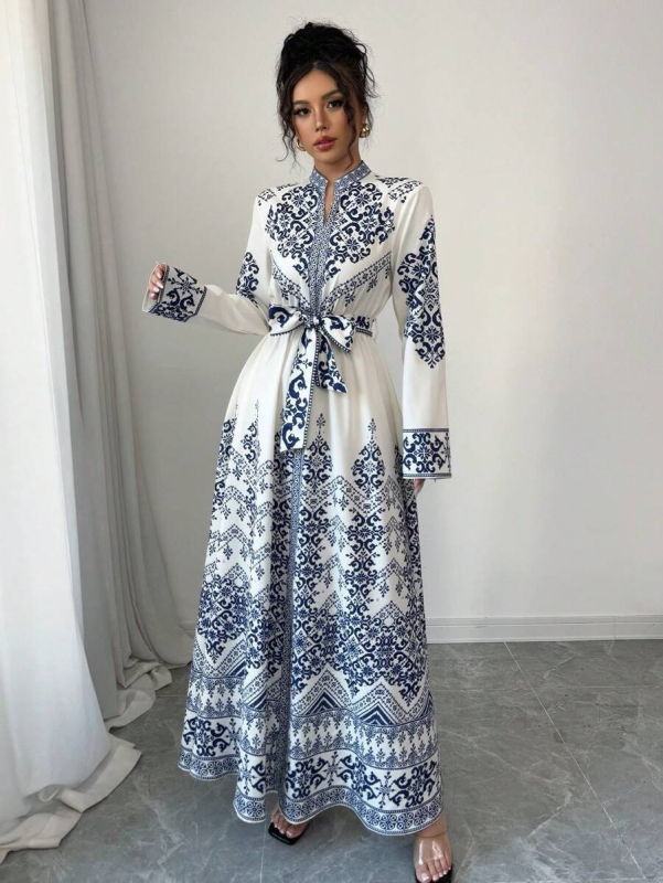 Rochie cu decolteu în V, imprimeu floral, mâneci lungi, croială A-line, poliester