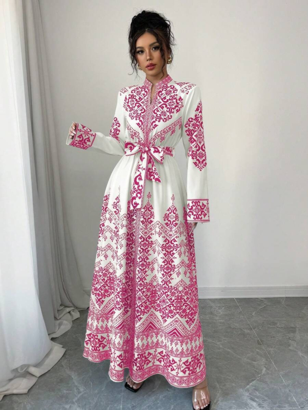 Rochie cu decolteu în V, imprimeu floral, mâneci lungi, croială A-line, poliester