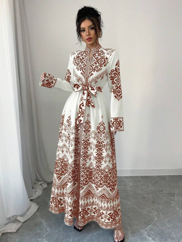 Rochie cu decolteu în V, imprimeu floral, mâneci lungi, croială A-line, poliester