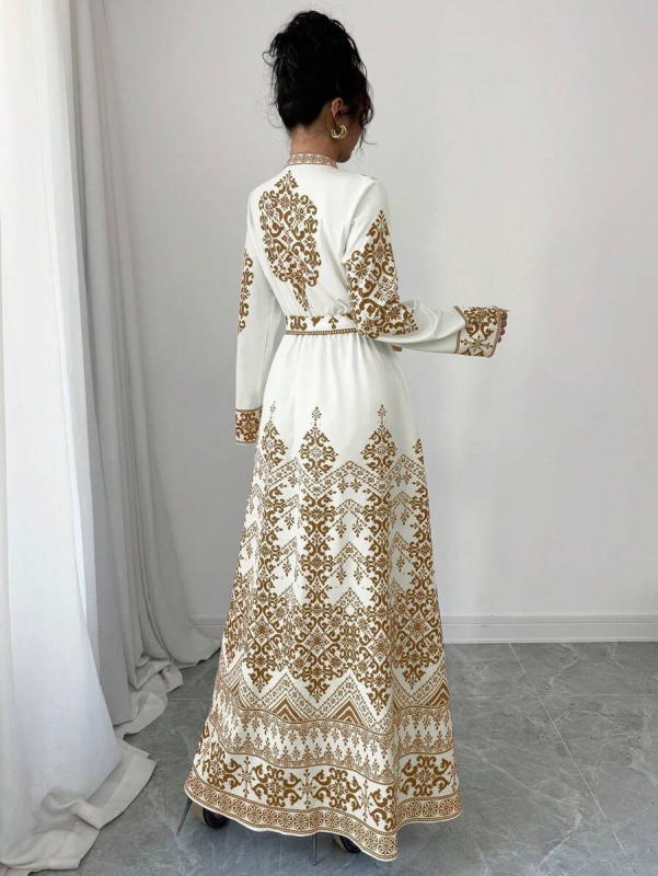 Rochie cu decolteu în V, imprimeu floral, mâneci lungi, croială A-line, poliester