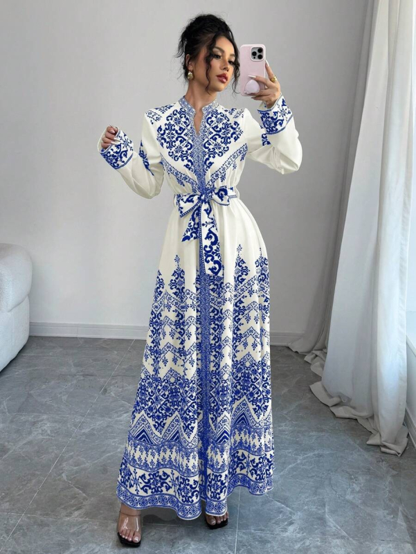 Rochie cu decolteu în V, imprimeu floral, mâneci lungi, croială A-line, poliester