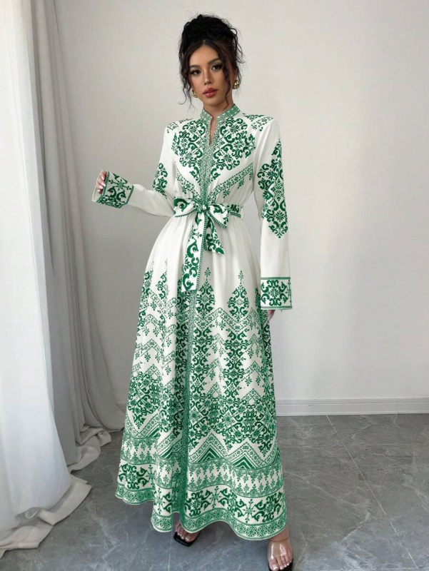 Rochie cu decolteu în V, imprimeu floral, mâneci lungi, croială A-line, poliester